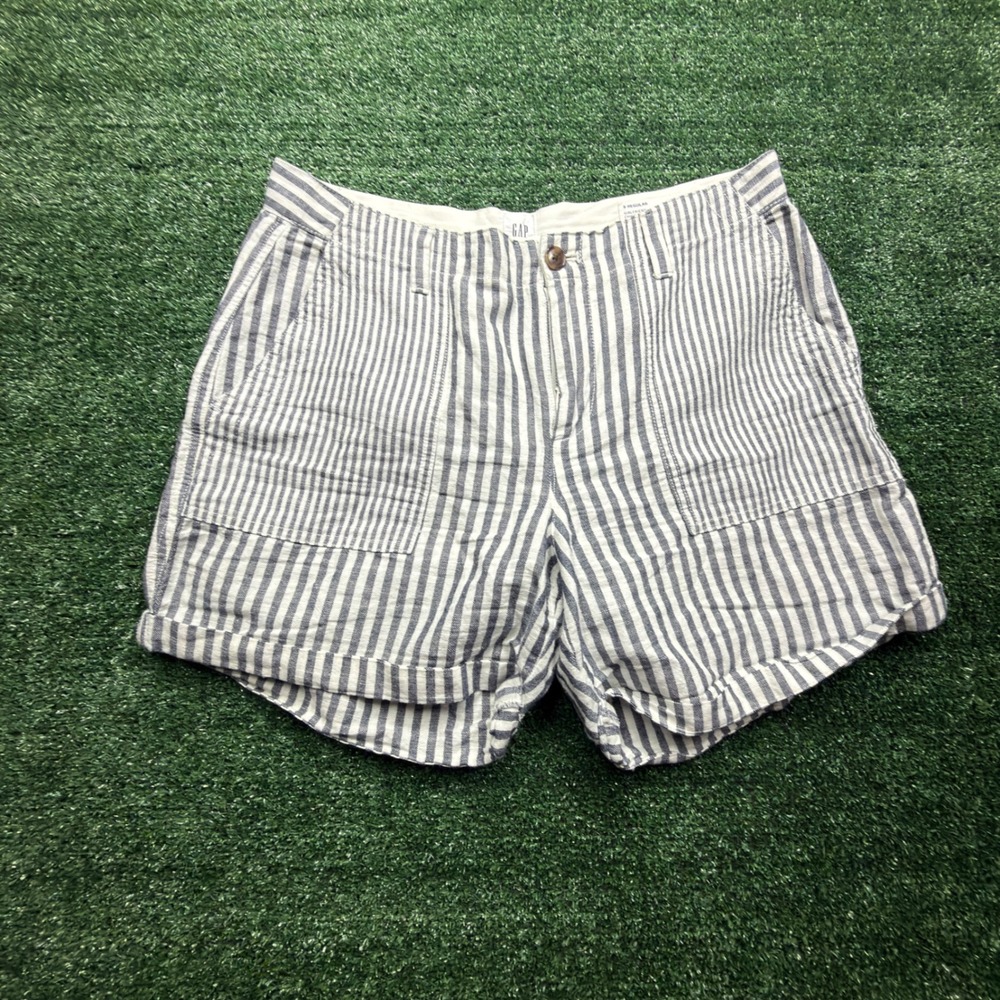 Gap Girlfriend Chino Shorts Blue White Striped Size 8 Regular Patch Pockets